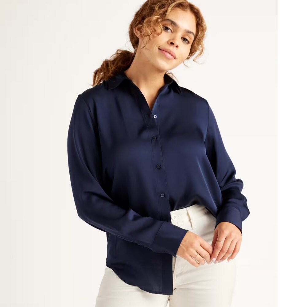Quince Navy Washable Stretch Silk Blouse (S)